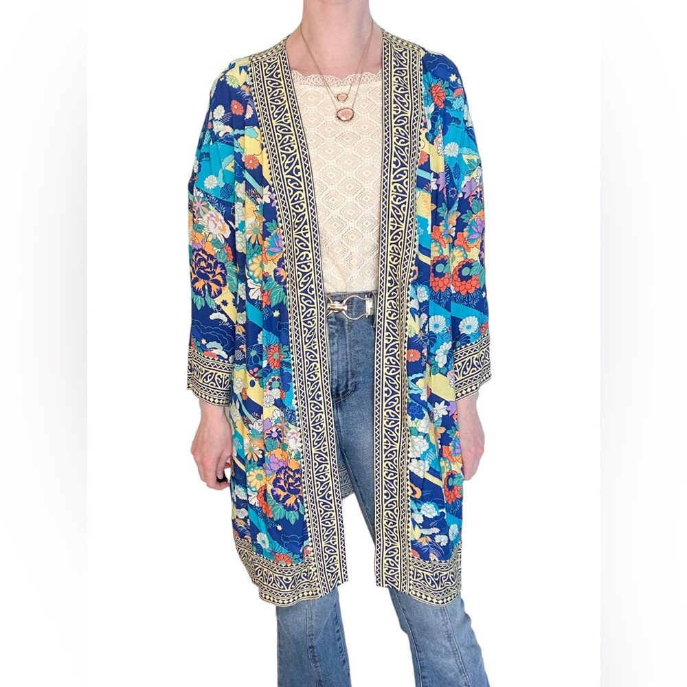 Soft surroundings kimono duster topper jacket floral print blue paisley boho